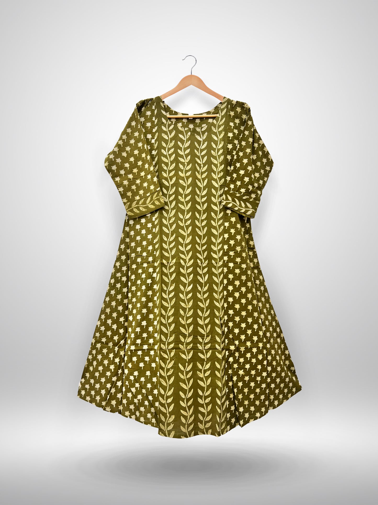 Olive Green Printed Cotton Kurti Top